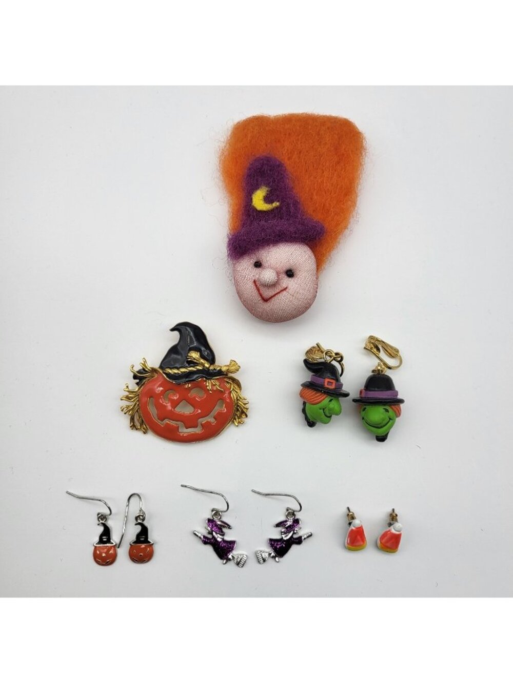Fab vintage Halloween Jewelry Lot JJ Brooch Witch earrings Candy Corn Enamel